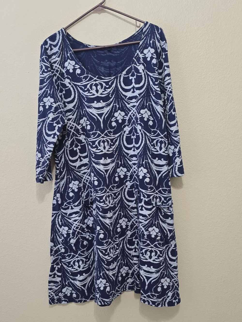 fresh produce Navy and White Floral-Scroll Long Sleeve Dress With Pockets XL